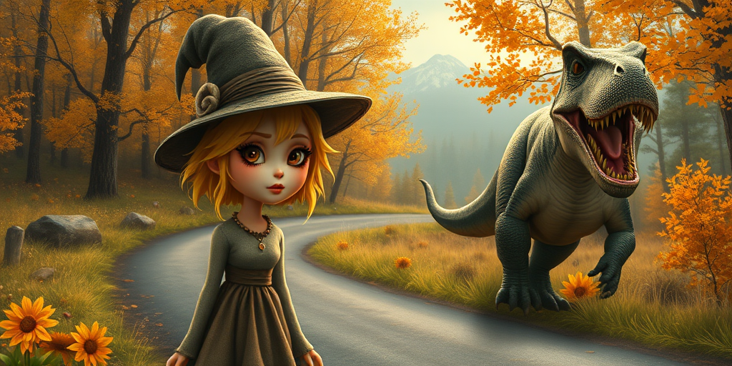 digital art fantasy depicting a strange girl with Yellow hair, long eyelashes, brown lipstick and a tall hat walking along a winding road on an autumn afternoon, an Dinosaur smiles as she passes