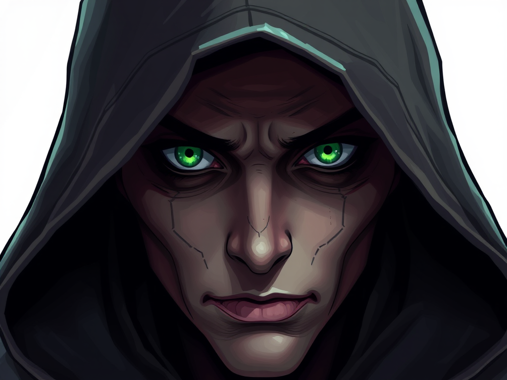 create a detailed digital illustration of a mysterious hooded figure with piercing green eyes, shot in high resolution, using a DSLR camera at f/2.8 aperture, ISO 100, with a slight vignette effect, and a focus on the eyes to enhance depth and contrast.