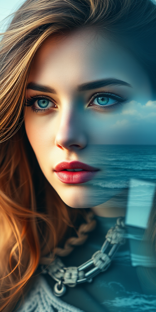 this photo is Book cover, A surreal double exposure portrait that blends a woman's face with a beautiful seascape. The overall mood is dreamy and mystical, with rich colors and intricate details