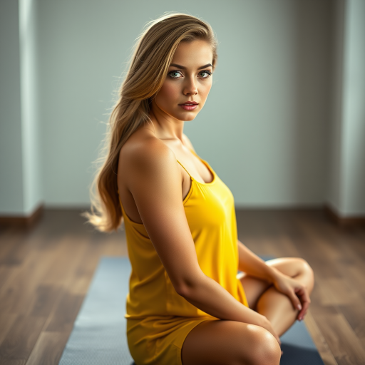 Resplendent photo of woman:caucasian:0.4, highlight hair, wearing Banana dress, sitting on Yoga mat, rim lighting, studio lighting, looking at the camera, dslr, ultra quality, sharp focus, tack sharp, dof, film grain, Fujifilm XT3, crystal clear, 8K UHD, highly detailed glossy eyes, high detailed skin, skin pores