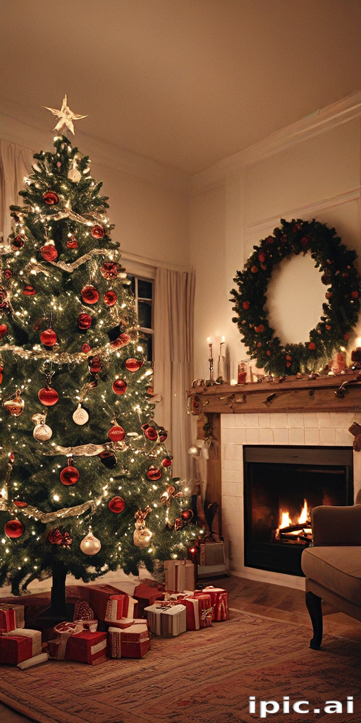 Cozy Christmas Living Room with Decorated Tree, Gifts, and Fireplace