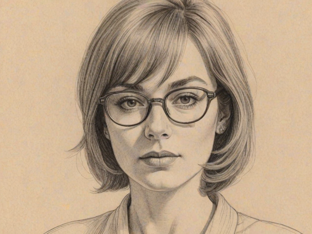 Graceful Laura Innes, pencil sketch, portrait of Splendid woman 1971s in glasses, hair style beatnik, outline, clear lines, fine lines, 8k