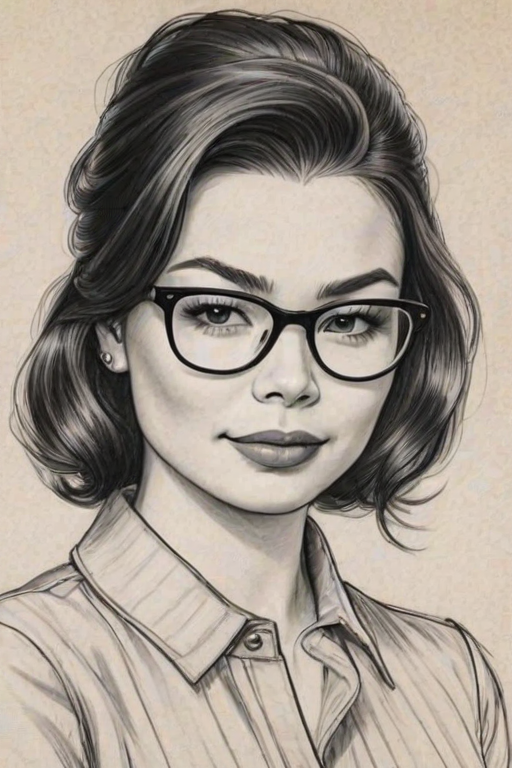 Elegant Miranda Cosgrove, pencil sketch, portrait of Resplendent woman 1948s in glasses, hair style beatnik, outline, clear lines, fine lines, 8k