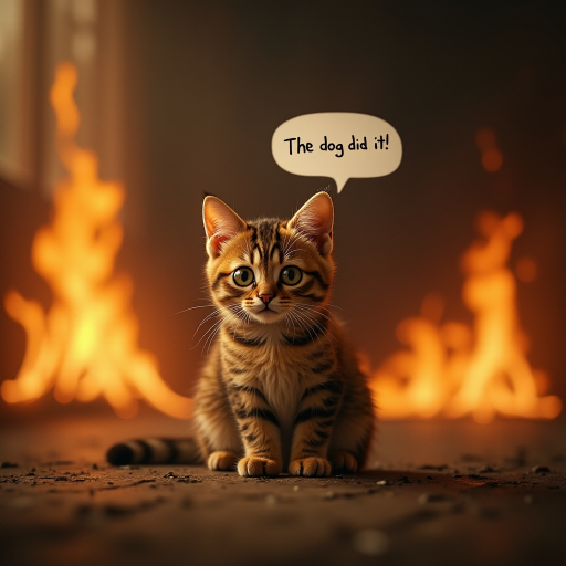 Photorealistic image of an innocent-looking cat sitting calmly in the middle of a burning room. Flames engulf the room, with fire licking up the walls and smoke filling the air. The cat is sitting on the floor, looking directly at the viewer with wide, innocent eyes. Above the cat, a speech bubble says "The dog did it!" The contrast between the cat's calm demeanor and the chaos around it creates a humorous and surreal scene.