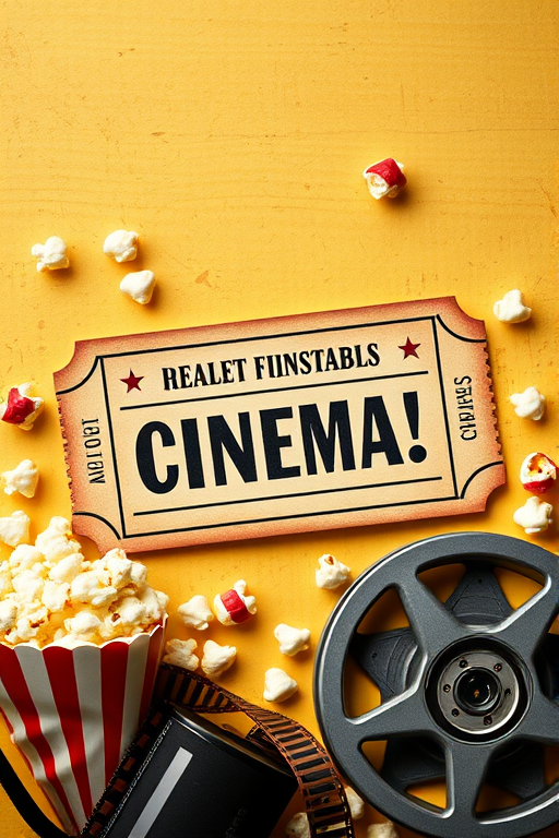 Create an image of a vintage cinema ticket background featuring classic film symbols like a clapperboard, popcorn, and film reels, with a warm golden color palette, high resolution, shot with a DSLR camera at f/2.8, 50mm lens, natural lighting, and a slight vignette effect for depth.