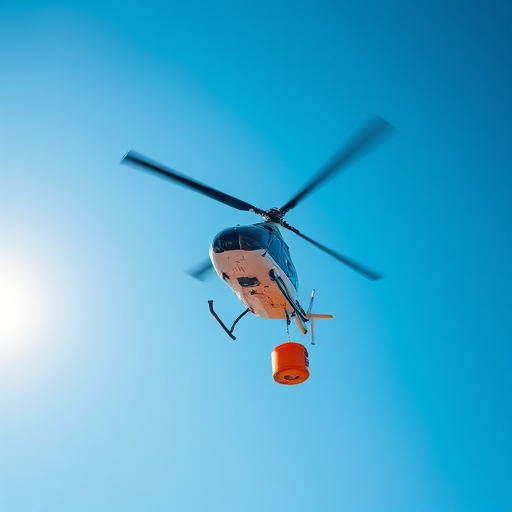 helicopter hovering with water bucket attached, bright blue sky, sharp focus, ISO 200, f/4, 1/1000 sec, aerial view, DSLR camera, high dynamic range imaging