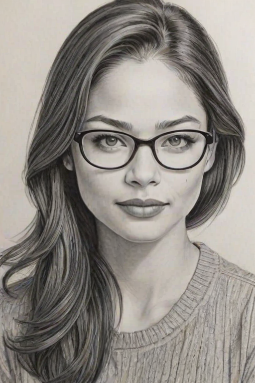 Charming Kristin Kreuk, pencil sketch, portrait of Comely woman 1946s in glasses, hair style beatnik, outline, clear lines, fine lines, 8k