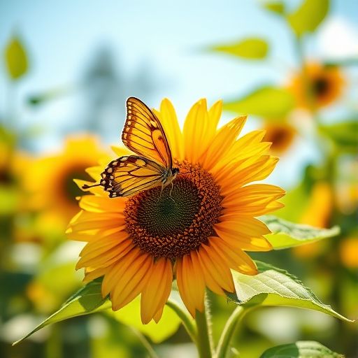 Soft-focus image of a butterfly landing on a sunflower in a sunlit garden, with bright green leaves and a blue sky softly blurred in the background, creating a peaceful summer atmosphere.