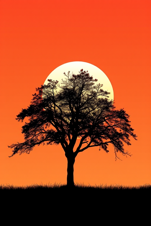 Create a high-quality illustration of a minimalist tree silhouette against a gradient sunset background, using a Canon EOS R5 with an aperture of f/8, ISO 100, 50mm lens, shot in landscape mode for enhanced detail and color vibrancy.