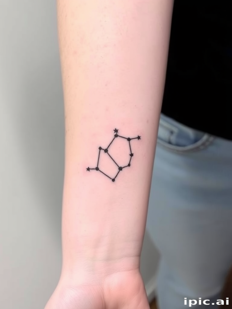 Minimalist black line tattoo depicting a delicate constellation map of Ursa Major on the forearm, with tiny stars connected by thin, precise lines and subtle shading