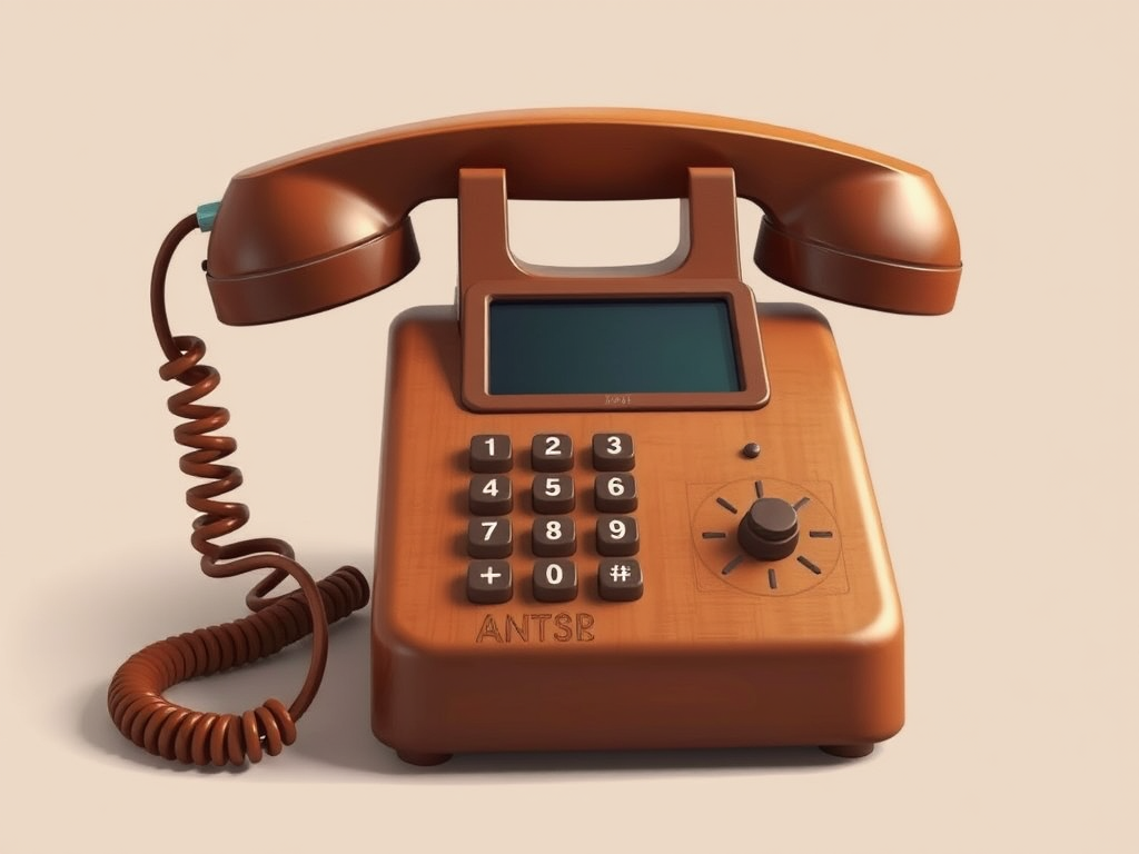 create a highly detailed illustration of a vintage brown landline telephone with a coiled cord and a flat screen, using soft lighting and a neutral background, shot with a DSLR camera at f/4 aperture, ISO 100, 50mm lens, from a slightly elevated angle for depth and perspective