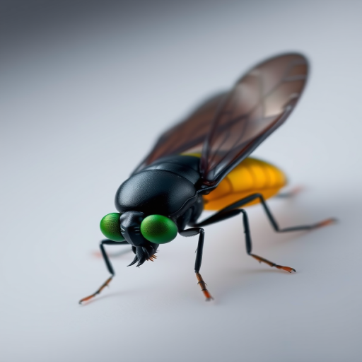 Create a high-resolution image of a cartoonish firefly with a sleek black body, glowing yellow abdomen, large green eyes, and delicate legs, using a macro lens at f/2.8, ISO 100, 1/200s, in a soft studio light setting to enhance colors and details.