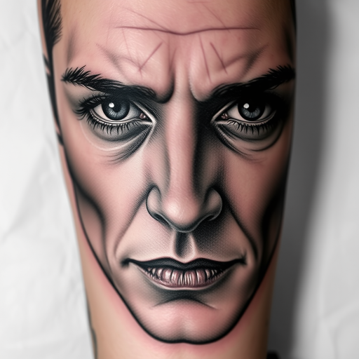 Photorealistic grayscale portrait tattoo titled "Timeless Gaze" showcasing incredible detail and shading to recreate a lifelike human face with piercing eyes and subtle facial expressions, utilizing various techniques such as stippling and cross-hatching to achieve a three-dimensional effect that seems to come alive on the skin, creating a striking and deeply personal piece of art