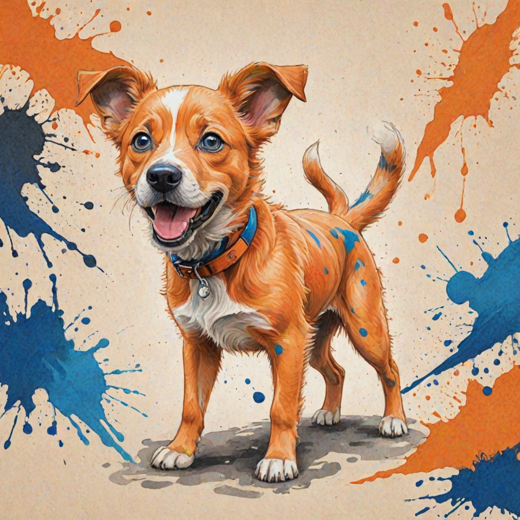 A vibrant childs coloured pencil drawn illustration of a bright orange dog with large, expressive blue eyes, a very cute style. The dog appears to be walking towards the viewer, surrounded by an abstract splash of colors and fine black lines, giving the image a dynamic and artistic flair. The background is a soft beige, highlighting the cat's vivid coloration and playful demeanor. Naively drawn scratchy line style.