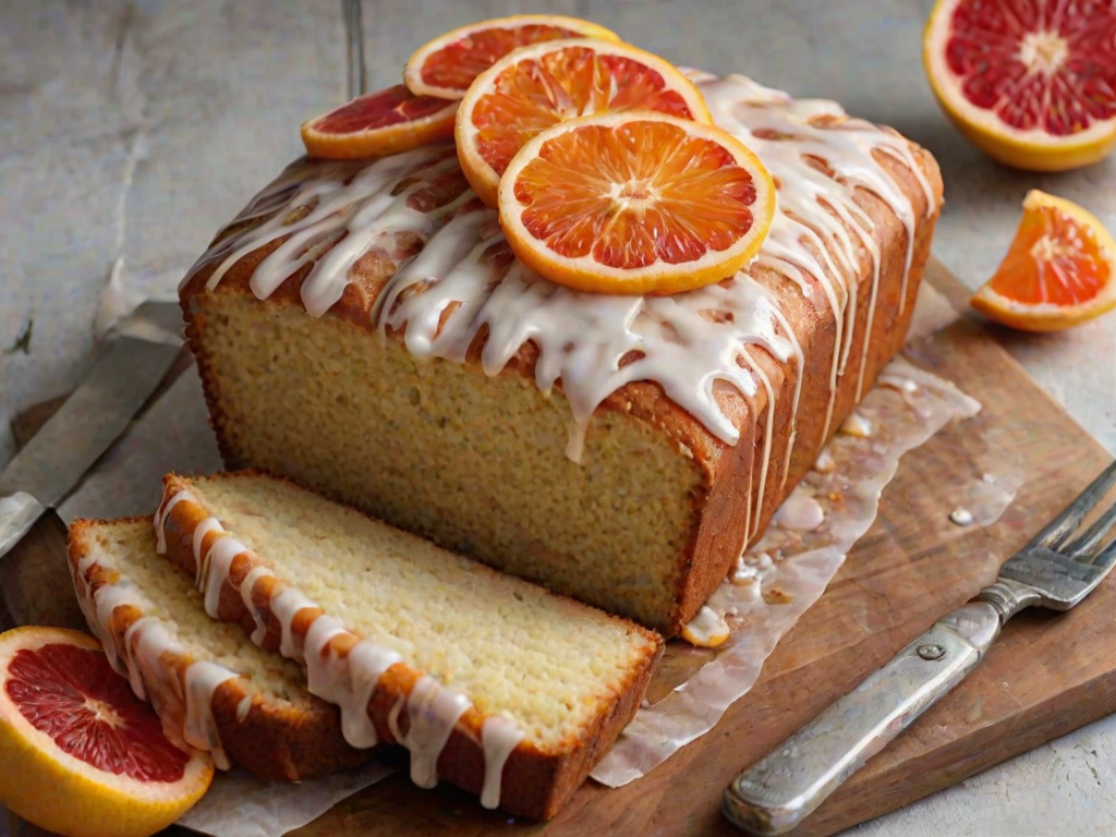 Generate an image of a freshly baked lemon loaf cake drizzled with a glossy icing. The cake should be golden and moist, with a slice cut out to show its fluffy texture. Garnish the top with thinly sliced citrus fruits, like blood oranges, adding a vibrant pop of color. The background should be simple and rustic, enhancing the focus on the cake.