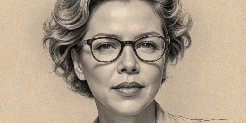 Enticing Annette Bening, pencil sketch, portrait of Dazzling woman 1934s in glasses, hair style beatnik, outline, clear lines, fine lines, 8k