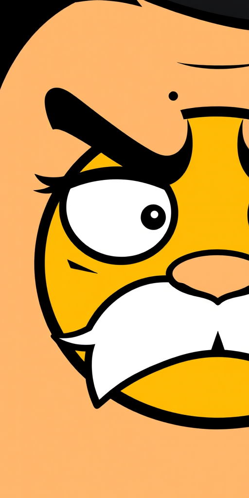Create a high-resolution image of a cartoon face with a yellow circular shape, a frowning expression, a white mustache, and a black outline, using a DSLR camera, ISO 100, f/2.8 aperture, 50mm lens, focused on the face at eye level with soft lighting.