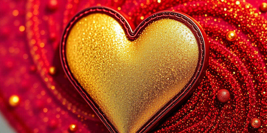 Create a high-resolution image of a stylized heart shape with a gold and red color palette, emphasizing texture and shimmer, captured with a DSLR camera in macro mode, aperture f/2.8, 50mm focal length, and natural lighting to enhance details and depth.