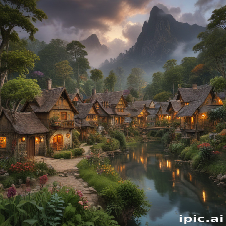 Enchanting Village at Dusk Surrounded by Majestic Mountains and Lush ...
