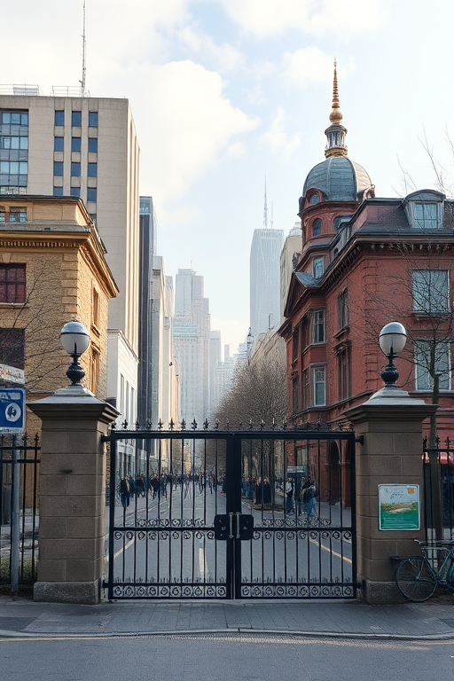 A city scene, no humans, with a closed gate, gate_prop