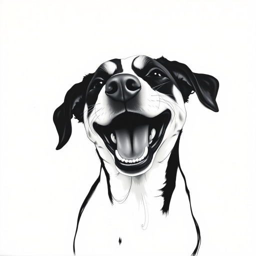 Abstract black and white acrylic portrait of an over exaggerated laughing (dog). Minimalism style. White background.