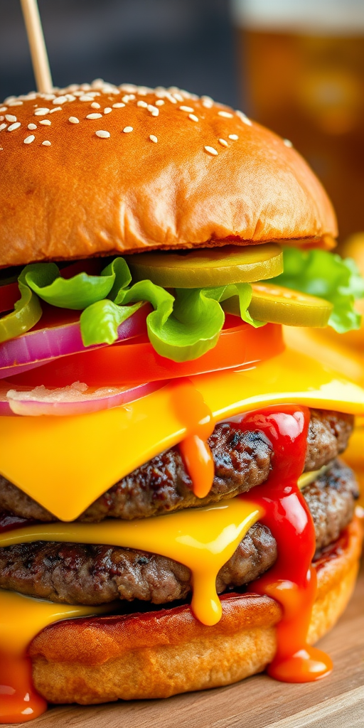 High-resolution, close-up image of a gourmet double cheeseburger. The burger features a glossy, sesame-seed-topped brioche bun. Inside, there are two thick, juicy beef patties, each topped with melted cheddar cheese. The burger is garnished with fresh lettuce, tomato slices, diced onions, and pickles. A generous amount of ketchup and a creamy, orange-colored sauce is dripping down the sides, adding to the mouth-watering appeal. In the background, there are blurred elements including a side of golden French fries and a hint of a beverage, enhancing the overall presentation of a delicious meal.
