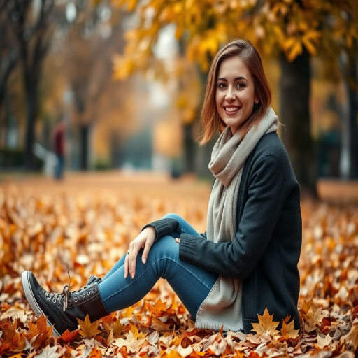 Capture a candid portrait of a woman sitting on golden autumn leaves in a serene park, with a soft focus background, using a 50mm lens at f/1.8, ISO 200, shutter speed 1/250s, natural daylight, full frame DSLR camera, emphasize warm tones and soft highlights.