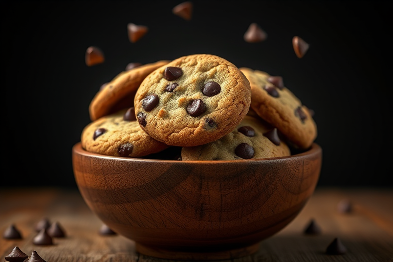 Create an image of chocolate chip cookies floating above a rustic wooden bowl, captured with a Canon EOS R5, 50mm f/1.8 lens, aperture f/2.8, shutter speed 1/200s, ISO 100, with dramatic lighting and a dark gradient background to enhance depth and texture.