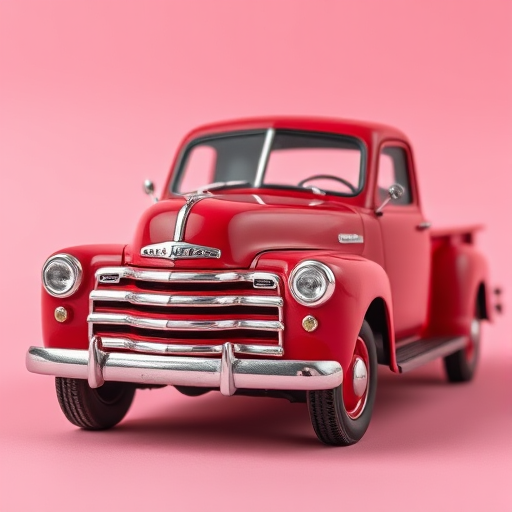 vintage red pickup truck on a soft pink background, focus on sharpness and detail, aperture f/8 for depth of field, 50mm lens, DSLR camera, high-resolution, vibrant color enhancement