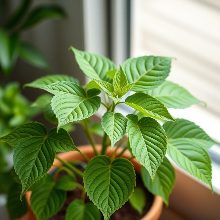 Create a high-resolution image of a green potted plant with multiple lush leaves, captured with a DSLR camera at f/2.8 aperture, 50mm lens, ISO 100, in soft natural light, from a slightly elevated angle with a shallow depth of field.