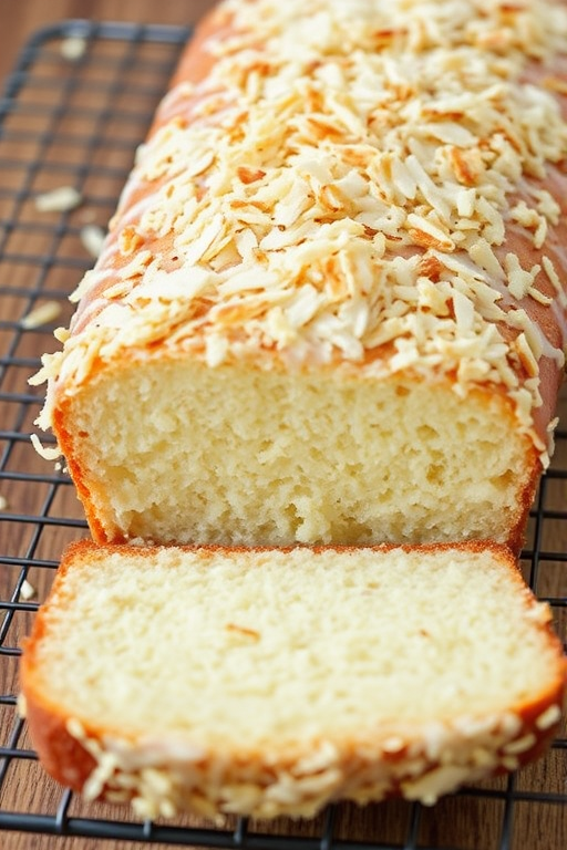 A freshly baked coconut loaf cake topped with toasted coconut flakes and a light glaze, sitting on a wire rack with a slice cut out to reveal its moist texture inside.