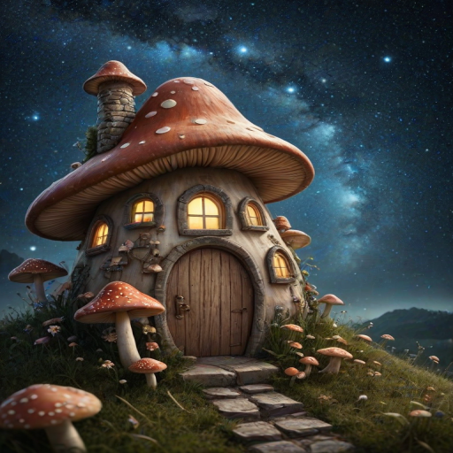 this photo is illustration of a mushroom house with a door and a window, a storybook , fantasy art, mushroom house, bg starry sky, sparkles
