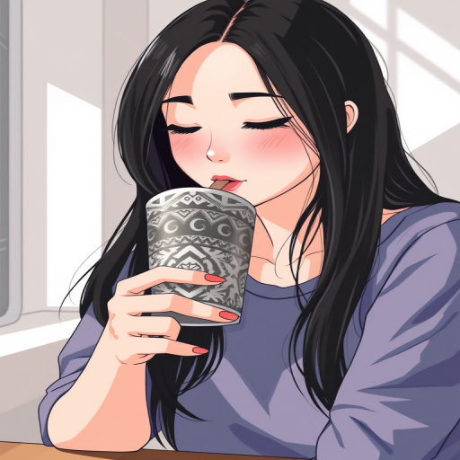 Create a high-resolution vector illustration of a young woman with long dark hair sipping from a patterned mug, using a soft-focus lens, at a 50mm focal length, f/1.8 aperture, and shot in natural light for enhanced image quality.