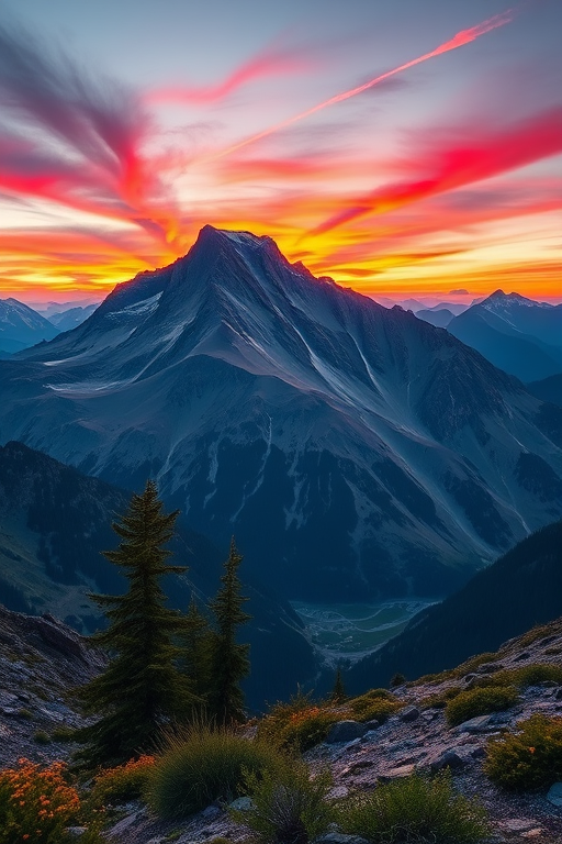 Create a high-resolution digital artwork of a majestic mountain landscape during sunrise with vibrant colors, captured with a Canon EOS R5 at f/8, ISO 100, 1/200s, using a wide-angle lens from a low angle to emphasize the foreground, ensuring sharp details and an enhanced dynamic range.