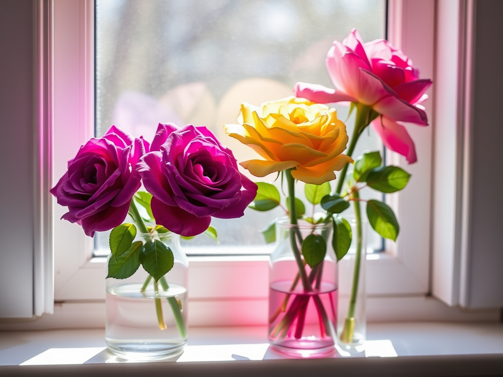 create a vibrant still life of three roses (purple, yellow, pink) in glass vases on a windowsill with sunlight filtering through, using a DSLR camera with a 50mm lens, aperture f/2.8, ISO 200, soft focus style to enhance color and detail.