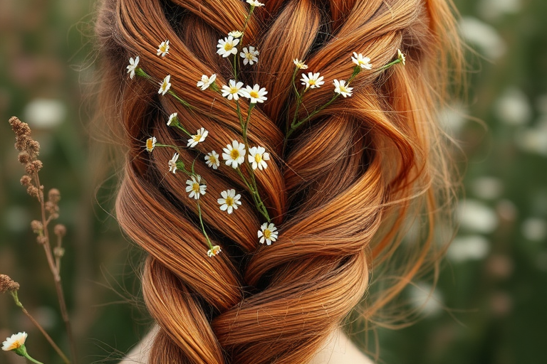 Romantic copper-hued mermaid braid interwoven with delicate wildflowers, evoking a bohemian goddess aesthetic, titled "Autumn Reverie"