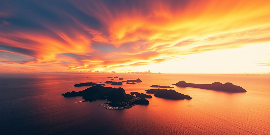 high-resolution aerial view of tropical islands at sunset with vibrant orange and purple skies, using a drone camera with a wide-angle lens at f/4, ISO 100, shutter speed 1/200s, capturing rich colors and fine details in the landscape