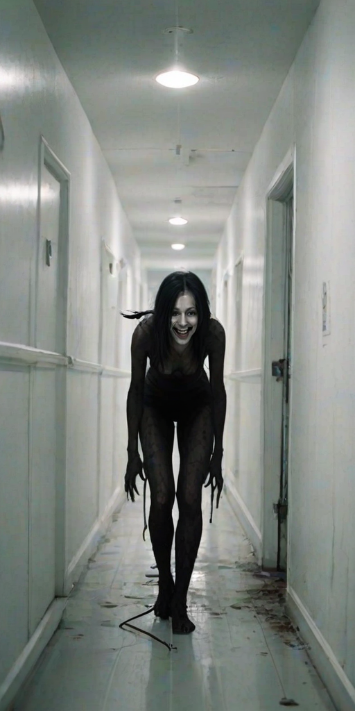 a crooked female with long arms and a creepy smile is crawling along a long white corridor and you can also see cockroaches in it there is a creepy atmosphere creepy art style