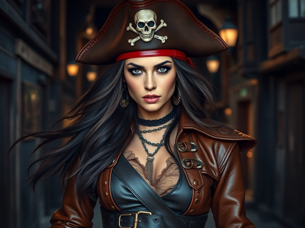 Create a portrait of a fierce female pirate. She wears a leather tricorn hat adorned with a skull and crossbones emblem, and her long, dark hair flows around her face. Her outfit consists of a richly detailed leather jacket, a corset, and multiple layers of belts and accessories, giving her a formidable and stylish appearance. She stands confidently in a dimly lit, historic port town, with a backdrop of weathered buildings and cobblestone streets, capturing the adventurous spirit of a pirate.