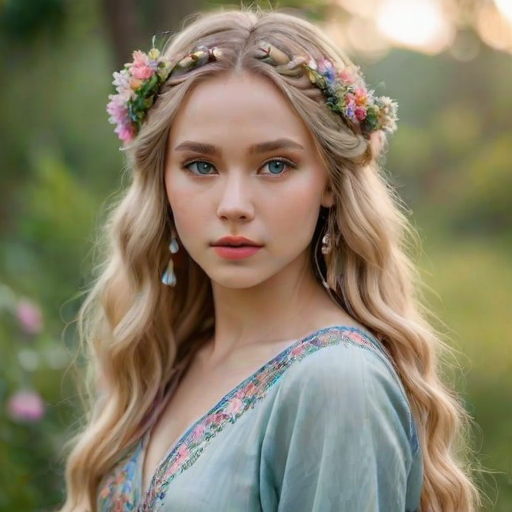 Create an image of a young Lao woman with long, wavy blonde hair, adorned with small, colorful flowers woven into her braids and loose strands. Her complexion is fair, with soft, glowing skin, and she has light blue eyes that gaze softly at the viewer. She wears a light, flowing dress with a gentle, ethereal quality, complementing her delicate and serene appearance. The background is slightly blurred, drawing focus to her tranquil expression and the intricate details of the flowers in her hair. The overall mood of the image is one of natural beauty and grace, evoking a sense of peacefulness and connection with nature.