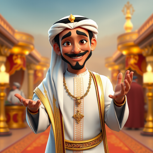 Create a 3D rendering of a wealthy Arab male sheikh from Dubai, inspired by the Disney animation style. The sheikh must have a smile and a playful but wise character. Place your character in an atmosphere of wealth and luxury. The image must be in high resolution format. Dynamic pose above the waist, gesturing with hands (Pixar Art style)++ highly detailed digital painting, art stations, concept art, soft focus, hard focus, illustrations. cinematic, visual effects, HDR, Unreal Engine 5, ray tracing, soft light, 8k, high detail, sparkling backlighting, luxury gem, game art, 3d, cartoon, colorful, magical, mysterious