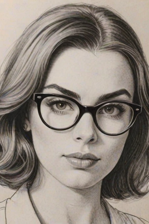 Comely Sophie Simmons, pencil sketch, portrait of Wonderful woman 1958s in glasses, hair style beatnik, outline, clear lines, fine lines, 8k