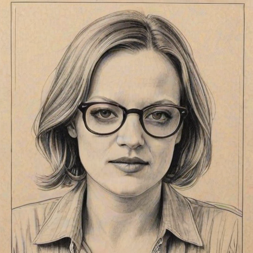 Charming Elizabeth Moss, pencil sketch, portrait of Comely woman 1970s in glasses, hair style beatnik, outline, clear lines, fine lines, 8k