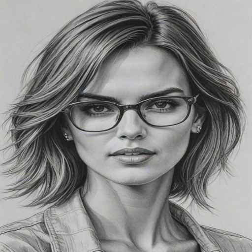 Pleasing Alessandra Ambrosio, pencil sketch, portrait of Fascinating woman 1926s in glasses, hair style beatnik, outline, clear lines, fine lines, 8k