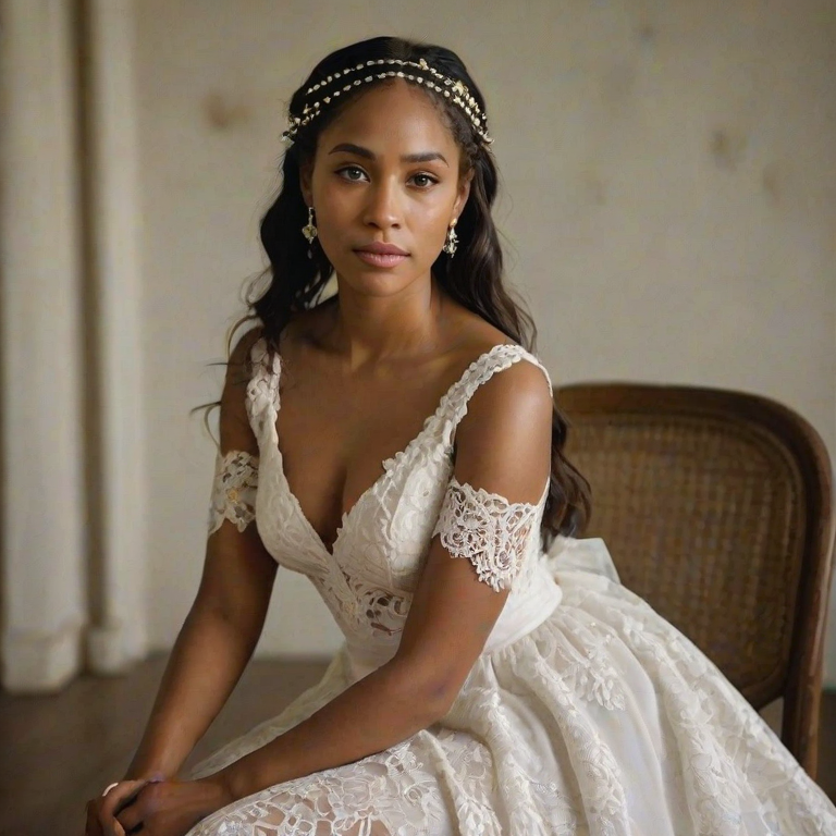 Create a portrait of a refined and elegant Torres Strait Islander woman seated in a sophisticated setting. She has long, wavy hair styled in two thick braids that are pulled over her shoulders. She wears a white, lace gown with intricate patterns, featuring a deep V-neckline and short sleeves. The dress exudes a vintage charm with its delicate lacework. She is adorned with ornate, dangling earrings that add a touch of glamour to her appearance. The background is softly lit, with warm, ambient lighting that creates a cozy and inviting atmosphere. Her expression is poised and serene, capturing a sense of grace and elegance.