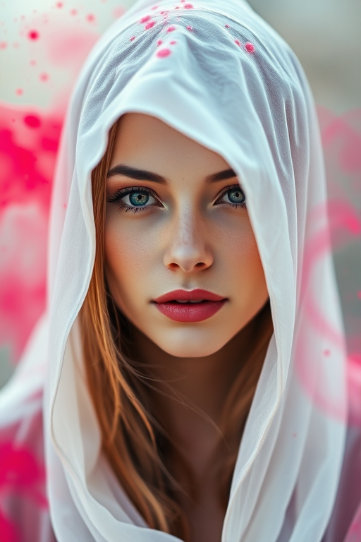 Create a high-resolution portrait of a woman wearing a translucent white hooded cloak, with vibrant splashes of color around her, using a soft focus lens, 50mm f/1.4, natural lighting, and a shallow depth of field to enhance the ethereal quality of the scene.