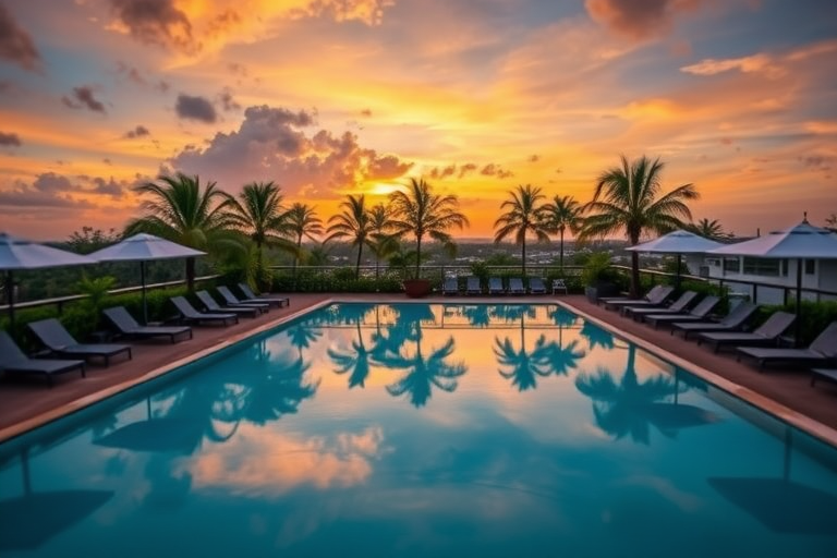 tropical rooftop pool at sunset with lounge chairs and umbrellas, wide-angle view, soft focus, 35mm lens, f/8 aperture, ISO 100, HDR photography