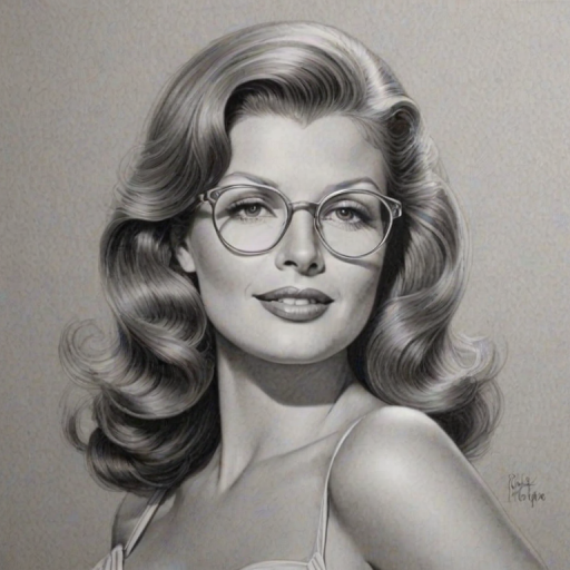 Charming Rita Hayworth, pencil sketch, portrait of Enchanting woman 1968s in glasses, hair style beatnik, outline, clear lines, fine lines, 8k