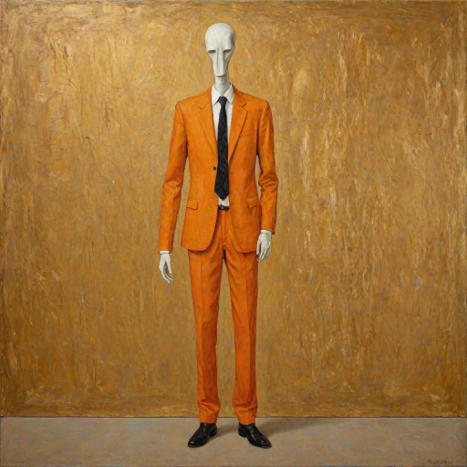 A quirky abstract impressionist painting of a tall, slender figure with a big hand for a head . The hand takes up most of the "head" area. The figure is dressed in a orange suit with a mother-of-pearly tie. It stands against a mottled golden background.  Surrealist, realistic textures, , creative, Klimt, diswashed, Aging effects, grainy