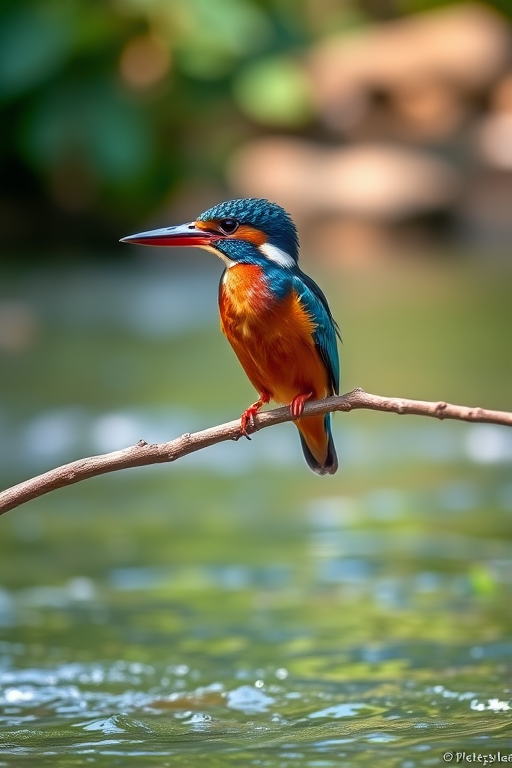 Photograph a vibrant kingfisher perched on a branch over a softly flowing river, using a Canon EOS R5, 100mm lens, f/2.8 aperture, ISO 200, at a shutter speed of 1/500 sec, with natural lighting and a shallow depth of field to create a blurred background.
